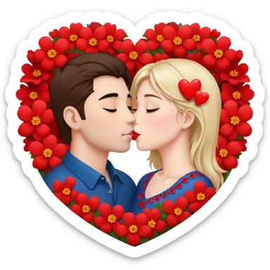 Hyper Realistic Couple kissing surrounded by red hearts and flowers sticker