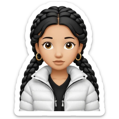 generate a pretty bratz girl with a WHITE puffer jacket, hoops, long braided hair black sticker