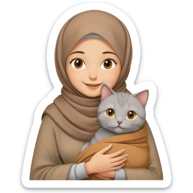 A hijabi teenage girl wean a brown pashmina holding a brithis short hair in her arms while smiling sticker