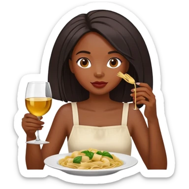 Black girl with straight hair and a glass of wine and eating pasta sticker
