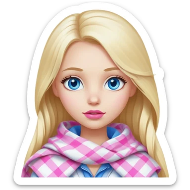 A beautiful blonde girl with long hair, blue eyes, pink lips is wrapped in a white plaid with her head sticker