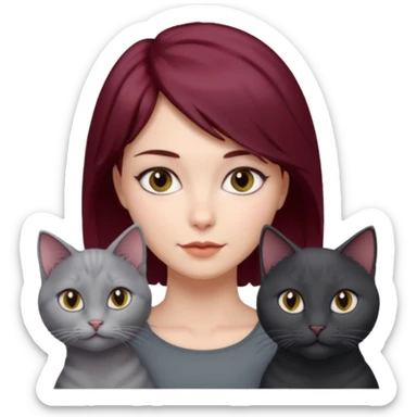 femme au cheveux court bordeau, yeux gris,  avec chat poils longs gris clair et chat poils ras noirs sticker