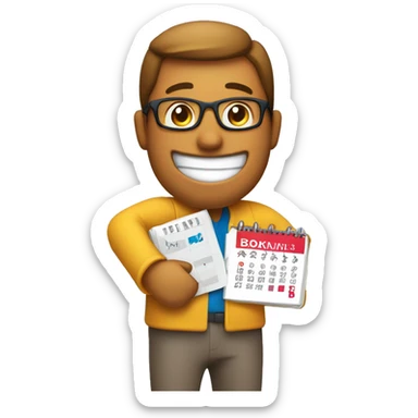 A fun character with booking elements - a person holding a calendar or a “check mark” icon indicating a successful booking. sticker