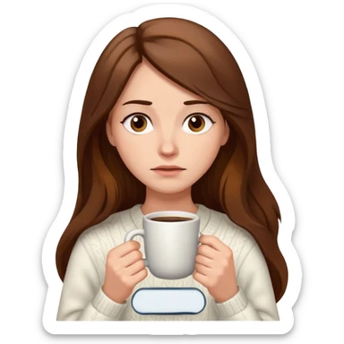 create a woman long hair brown, holding her cup of coffee looking exausted  sticker