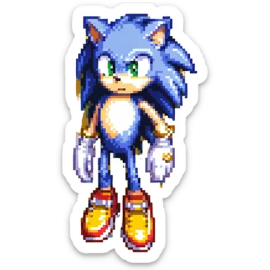 Sonic the Hedgehog on a hill in Green Hill Zone, blue fur, red shoes with white stripe and gold buckle, white gloves, green eyes, palm trees, checkerboard ground, golden rings floating sticker