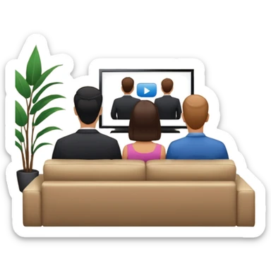 A man and a women photographed from behind, sitting on a sofa and watching the news on TV on a modern flat screen. The setting is a living room. sticker