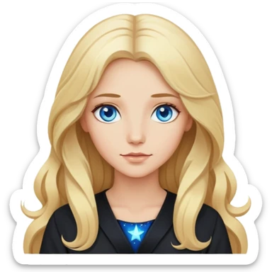 Блондинка с длинными волосами и голубыми глазами женщина умная в черном наряде вокруг нее звезды она астролог sticker