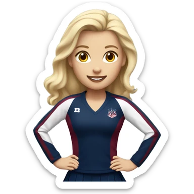 cheerleader with blonde hair and a navy blue, white and burgundy uniform sticker
