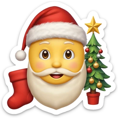 D cute yellow emoji face wearing a Santa hat, with a happy soft expression. Replace the hearts with festive Christmas elements: a Christmas tree, stocking, snowflake, and other holiday icons. sticker