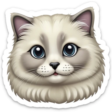 Cinematic Adorable Fluffy Grey Seal Ragdoll Cat Portrait Emoji, Head tilted cutely with big, sparkling eyes, soft grey fur with darker seal points on the ears, face, and paws, Simplified yet irresistibly adorable features, highly detailed, glowing with a soft, warm glow, high shine, affectionate and playful, stylized with a touch of whimsy, bright and endearing, soft glowing outline, capturing the essence of a curious and loving kitten, so cute it feels like it could leap out of the screen and snuggle up for a cuddle! sticker