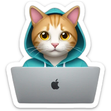 cat with hoodie and a macbook sticker