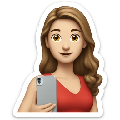 a white girl with log brown hair in a red dress holding a cell phone showing it sticker