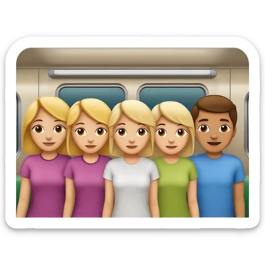 five happy people, mixed genders, friendly and close, inside a subway car similar to Apple emoji subway, wearing t-shirts in various light colors, Apple emoji style sticker