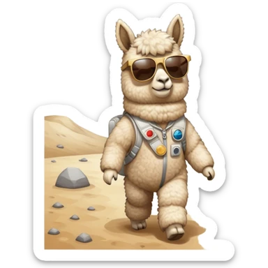 alpaca with sunglasses on walking on the moon sticker