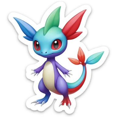 Purple-red-blue-white-gradients Meloetta-Larvitar-Axew-Grovyle-Pokémon-Fakémon-hybrid-fusion-creature sticker