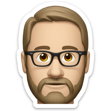 White man with brown hair and a black beard, has thick eyebrows is wearing black sight glasses. Big nose. Half closed brown eyes. Wearing a Nike cap sticker