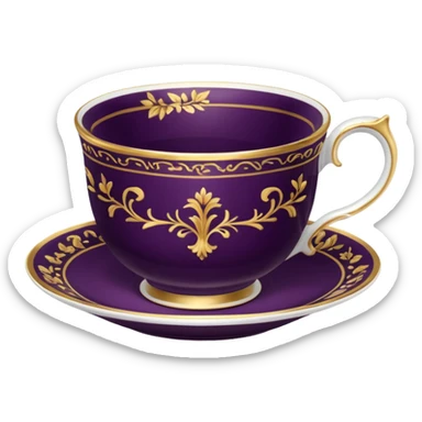 18th century realistic detailed dark plum color tea cup with realistic 14k gold detailed pattern  sticker