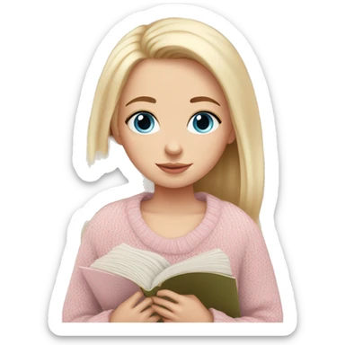 Pretty blue eyed white girl with light pink sweater reading cozy sticker