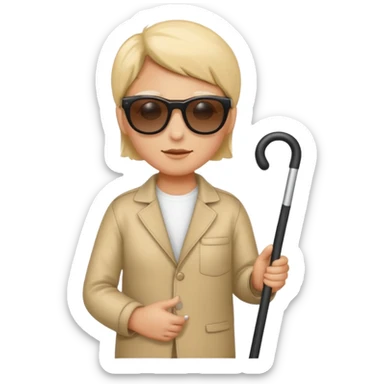 A blind person wearing sunglasses and holding a guide cane sticker