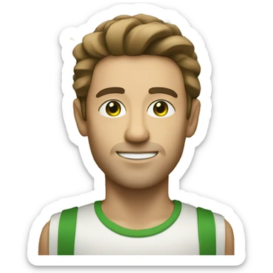 A light-skinned man with green eyes, styled brown hair with a long white paper scroll sticker