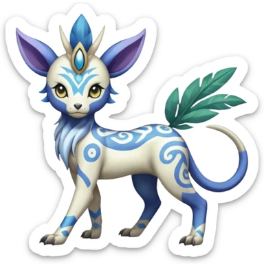 Tropical Tiny Marked Patterned Tribal Colorful Skilled Adept Graceful Asian Painted Garurumon-Meloetta-Absol-Suicune-Cobalion-fusion-hybrid-creature (full body) sticker