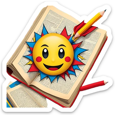 Create a vibrant emoji representing comic books and graphic novels as an art form. The design should feature a large, open comic book with vintage comic panels on the pages. Include a pencil (without a hand) gently writing text or sketching on the pages. The comic panels should have bold lines and retro-style artwork with classic comic book visuals. Use bright, energetic colors like red, yellow, and blue to evoke excitement and creativity. The overall design should feel dynamic, vintage, and artistic. Make the background transparent. sticker