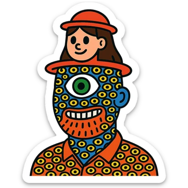 guy with 300 eyes, one big green eye in the middle of his head, hat made out of a girl on his head sticker