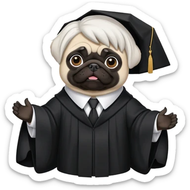Black pug wearing white lawyer’s wig and black lawyer’s robes with white collar sticker