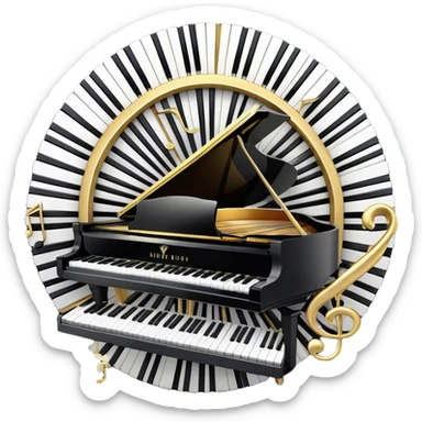 Create an elegant and festive emoji collage representing keyboard instruments, styled like a heraldic emblem. The design should feature a central focal point of black and white piano keys, arranged in a semi-circular or shield-like shape. Around the piano keys, add intertwining musical notes that form flowing ribbons, creating a dynamic and celebratory atmosphere. The design should be professional, with polished silver and gold accents on the keys and notes, highlighting the luxury and sophistication of the instruments. Add subtle shading and lighting effects to give the design a refined, 3D appearance. The background should remain transparent, and the overall feel should evoke grandeur, artistry, and a sense of celebration. sticker
