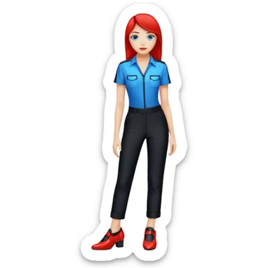  Cette femme aux yeux bleus, porte une chemise rouge, un pantalon noir, des chaussures noirs, style Tron.  sticker