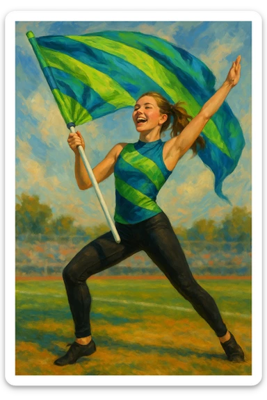 colorguard girl holding a green and blue flag, wearing black leggings and a green and blue top, energetic pose, clear details sticker