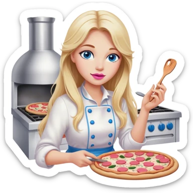 Cinematic realistic beautiful blonde with long hair, blue eyes and pink lips in a white dress cooks pizza sticker