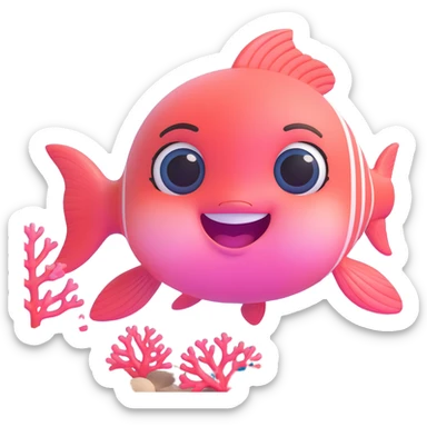 cute pink fish emoji, alternate pose, big smiling face, huge shiny eyes, rosy cheeks, tiny fins, soft pastel colors, underwater background with bubbles and coral, 3D glossy style, chibi emoji look, super kawaii sticker