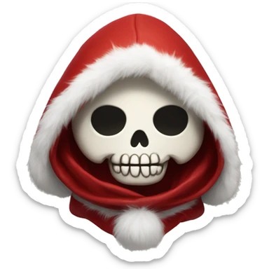 Cute, happy little skull wearing a red velvet hood with fluffy white fur trim. sticker