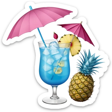blue tropical cocktail with hibiscus, pineapple, and tiny pastel paper umbrella garnishes sticker