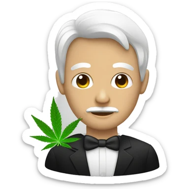 hombre blanco con pelo negro corto, ojos oscuros, con cannabis sticker