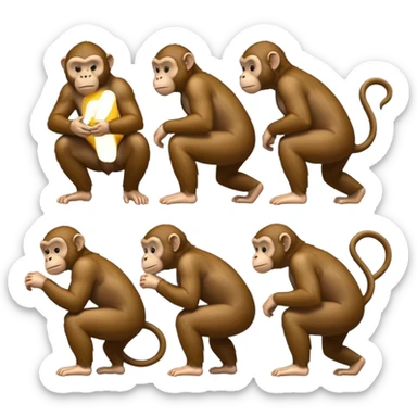 side view emoji style illustration showing inheritance: a crouching ape, a standing monkey, and a normal human standing behind the monkey, all facing the same direction sticker
