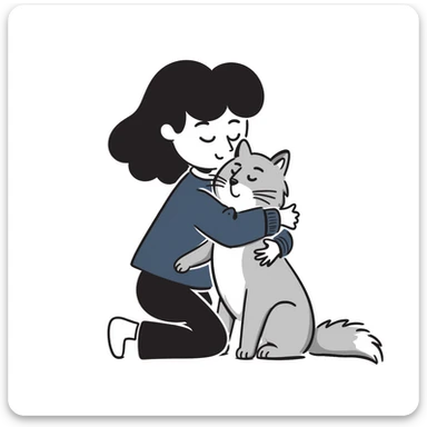 Brunette girl with dark blue sweatshirt snuggling a fluffy grey Siberian cat, warm embrace sticker