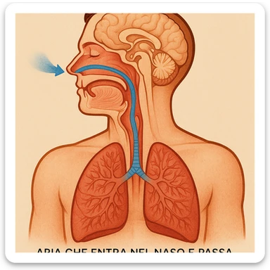 anatomical section of head and chest showing air entering nose and passing through airways to lungs, caption in Italian sticker