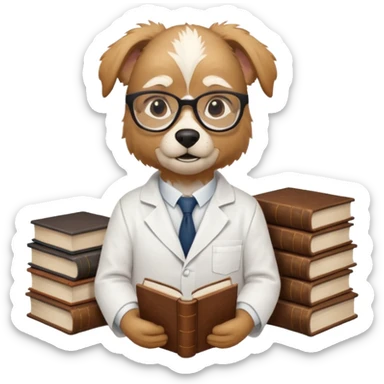 Wise grif with glasses, wearing a lab coat, perched on a stack of books. sticker