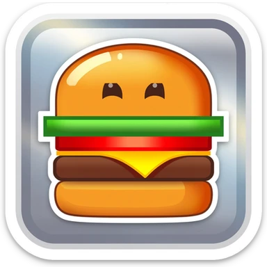 an ultra-modern trending now themed sticker, seamlessly blending internet slang into a cohesive vector-based design. The sticker shimmers with metallic effects, featuring a retro pixel-art burger at its center, winking. Twith subtle hazy light leaks adding depth.  sticker