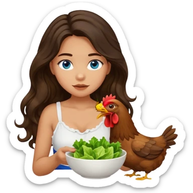 Girl with olive skin, blue eyes, brown dark insanely wavy long hair, white camisole. Eating a bowl of lettuce and chicken sticker