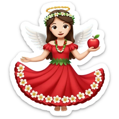 Lilo from Lilo & Stitch in a red dress with white flowers dancing hula with Angel, apple style emoji sticker