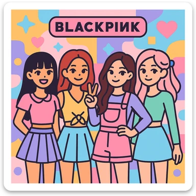 Blackpink K-pop group, cute and stylish, pastel accents, playful vibe, charming and colorful sticker