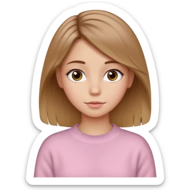 Crea una chica güerita con pelo café claro y raíces güeras, ojos rasgados cafés oscuros, suéter o camisa rosa claro sticker