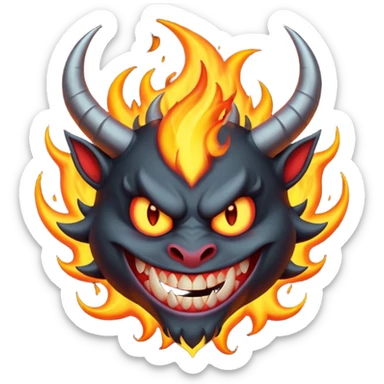 Create a dark-themed emoji of a demonic face with sharp, curved horns, glowing white eyes, an evil grin with large pointed fangs, and abstract flame-like patterns around the face. The background should be pure black. sticker