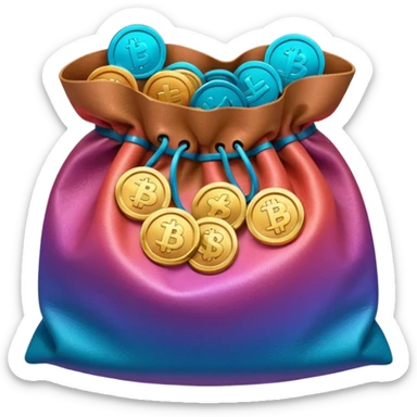 coins in gradient of turquoise, blue, pink, purple, and coral color inside a brown bag sticker