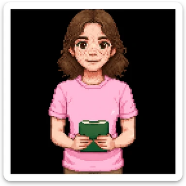 Add brown eyes and freckles on the cheeks to the pixel art teacher with brown hair, white skin, and pink t-shirt. Keep the original pixel art style. sticker