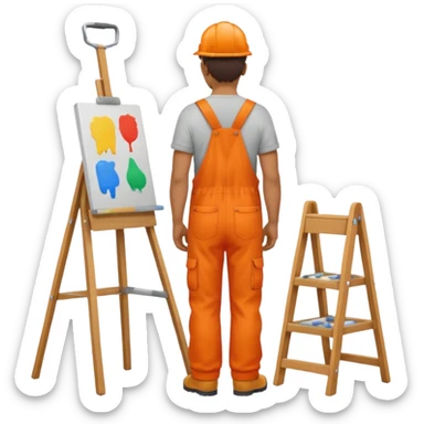 painter in orange overalls standing full body facing away sticker