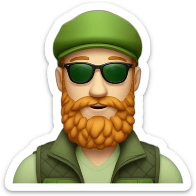 Ginger beard wearing a Gillet and wearing green sunglasses and a flatcap sticker